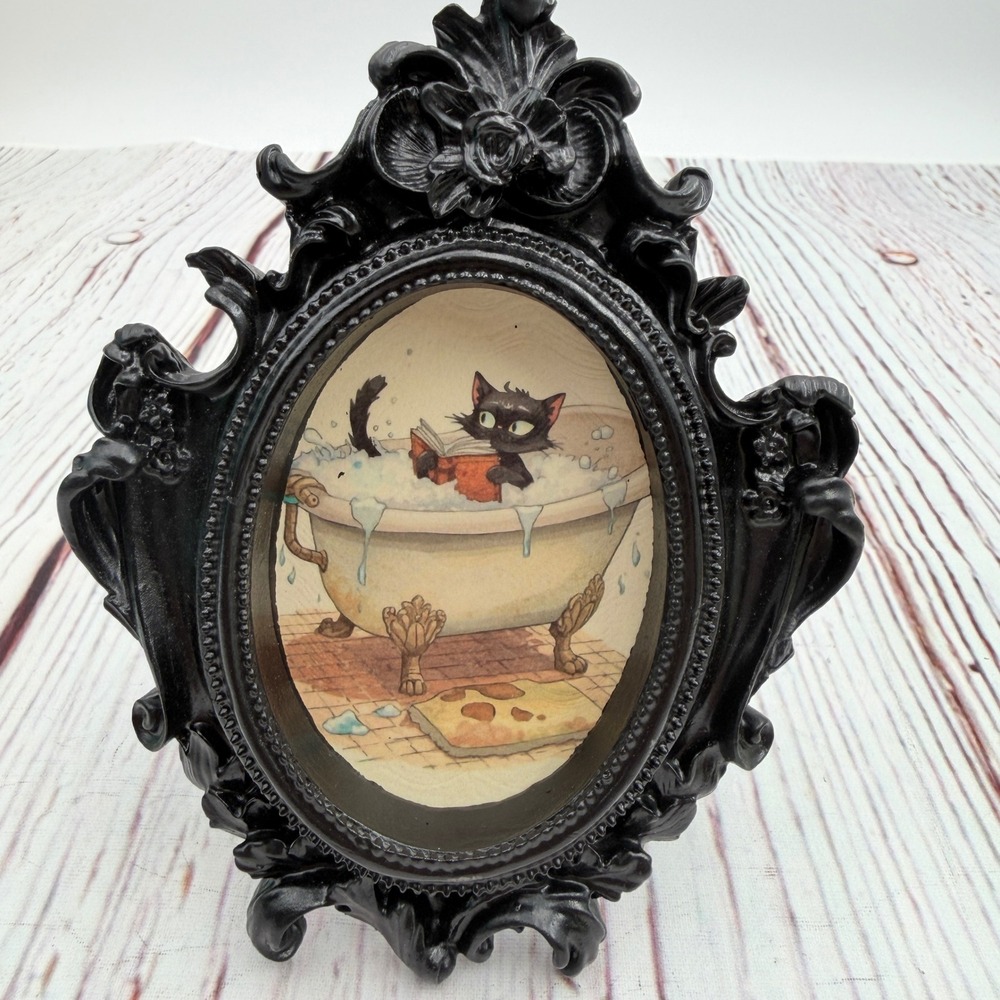 Handmade Decoupage Black Cat in Bathtub Ornate Black Resin Frame Art Print